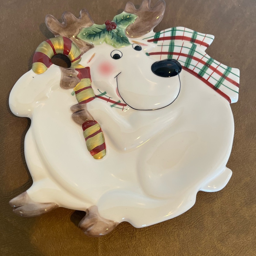 Fitz and Floyd Plaid Christmas Reindeer Canapé Plate